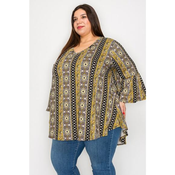 060 Curvy Lovey V-Neck Paisley Multi Print Tunic Top With Ruffle Sleeves Yellow - Picture 2 of 5